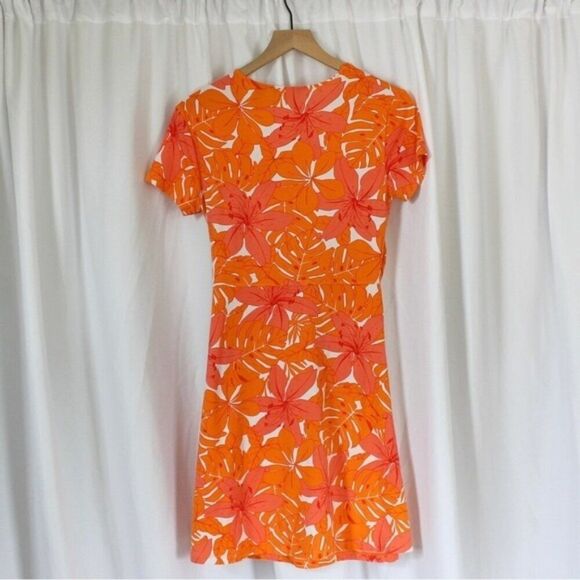 Lands End Orange and Pink Tropical Print Faux Wrap Short Sleeve Dress Small - Picture 5 of 7